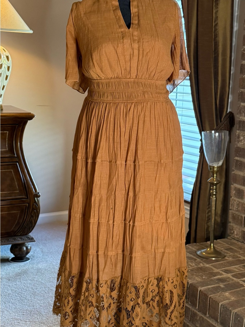 Anthropologie J Gee golden caramel lace hem dress 2X